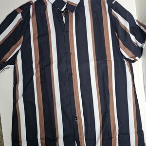 Men's Striped Casual Button Down Shirt - Navy, Brown, and White